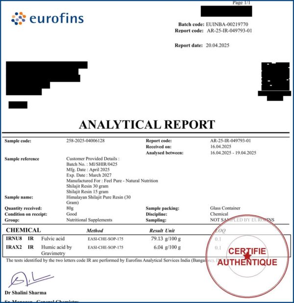 Rapport Eurofins analyse acide fulvique Shilajit Feel Pure certifie authentique - Herba Barona Paris