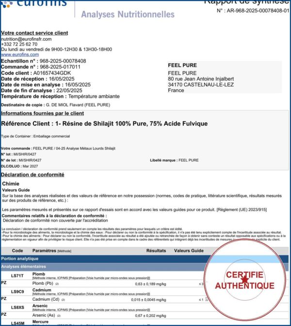 Rapport Eurofins analyses metaux lourds Shilajit Feel Pure certifie authentique - Herba Barona Paris