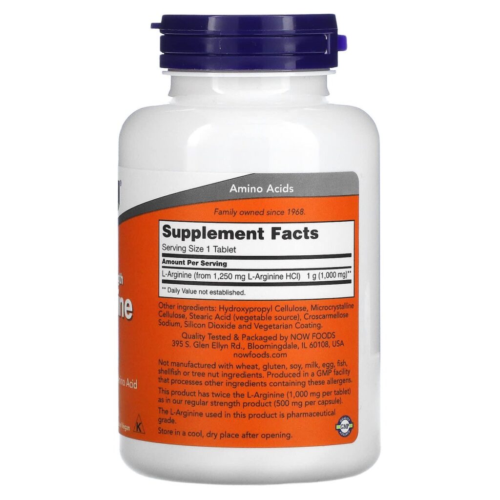 Arginine – 1 000 mg – Now foods – 120 comprimés dos etiquette composition Supplement Facts Paris Herba Barona