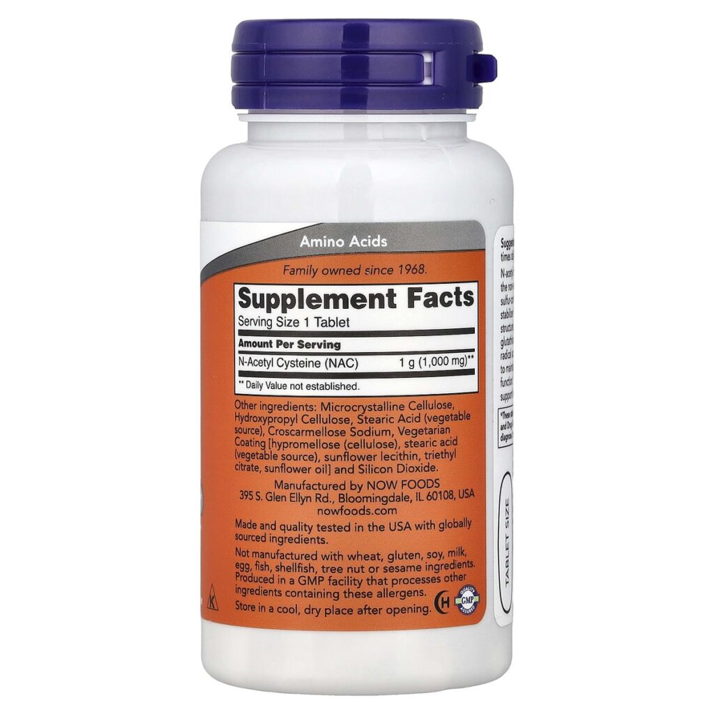 NAC (N-acétylcystéine) 1000 mg -120 tablets – Now Foods dos etiquette composition Supplement Facts Paris Herba Barona