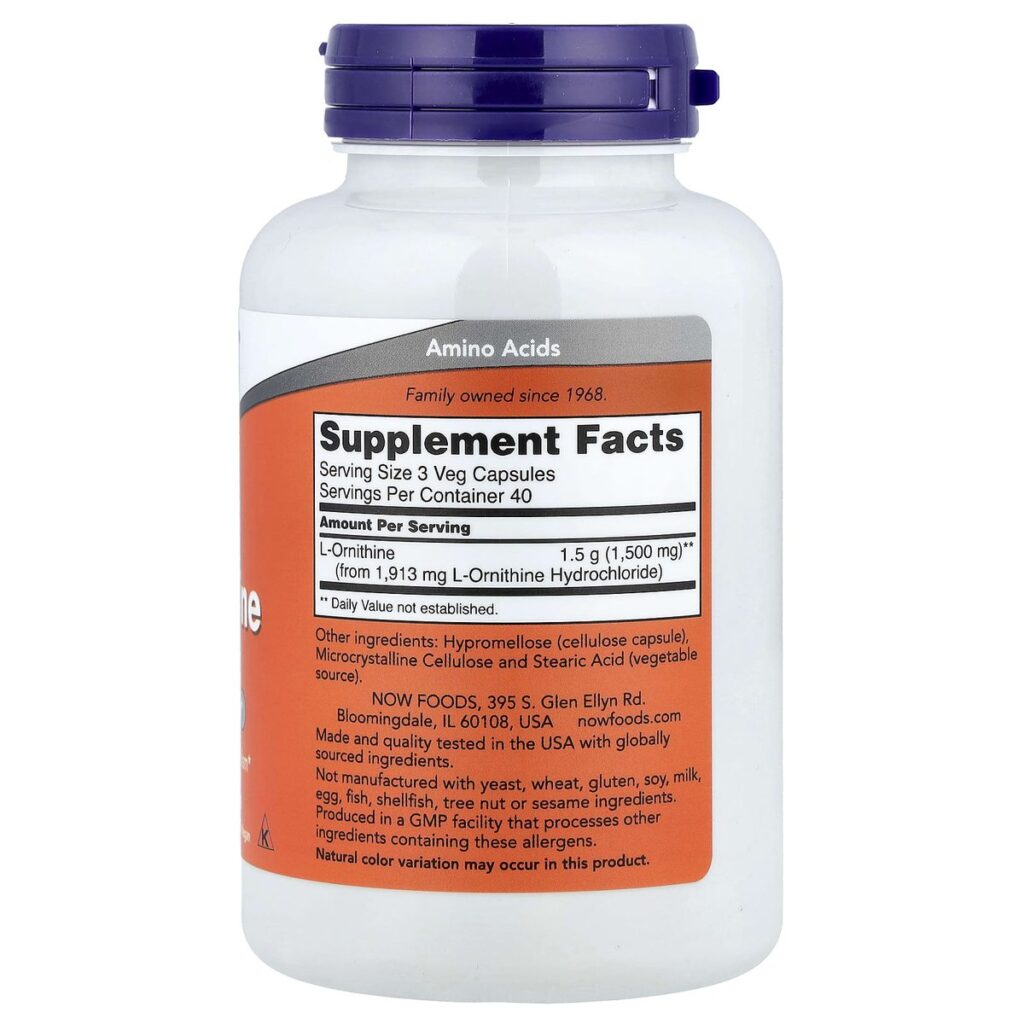 Ornithine 500 mg – 120 caps. – Now Foods dos etiquette composition Supplement Facts Paris Herba Barona