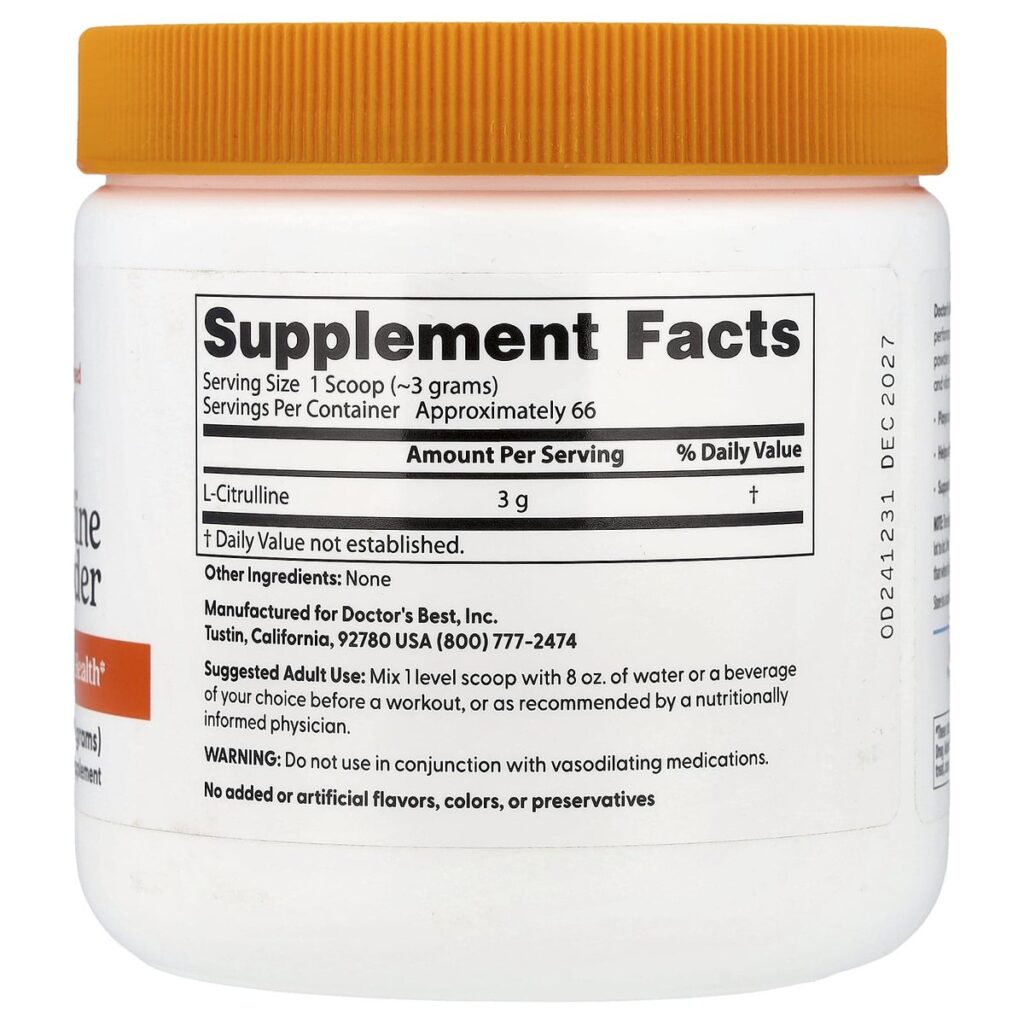 Citrulline en poudre 200 gr Doctor's Best dos etiquette composition Supplement Facts Paris Herba Barona