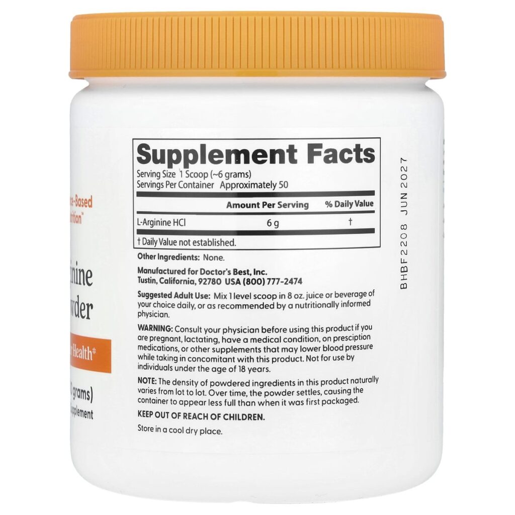 Arginine en Poudre Pure – 300g – Doctor's Best dos etiquette composition Supplement Facts Paris Herba Barona