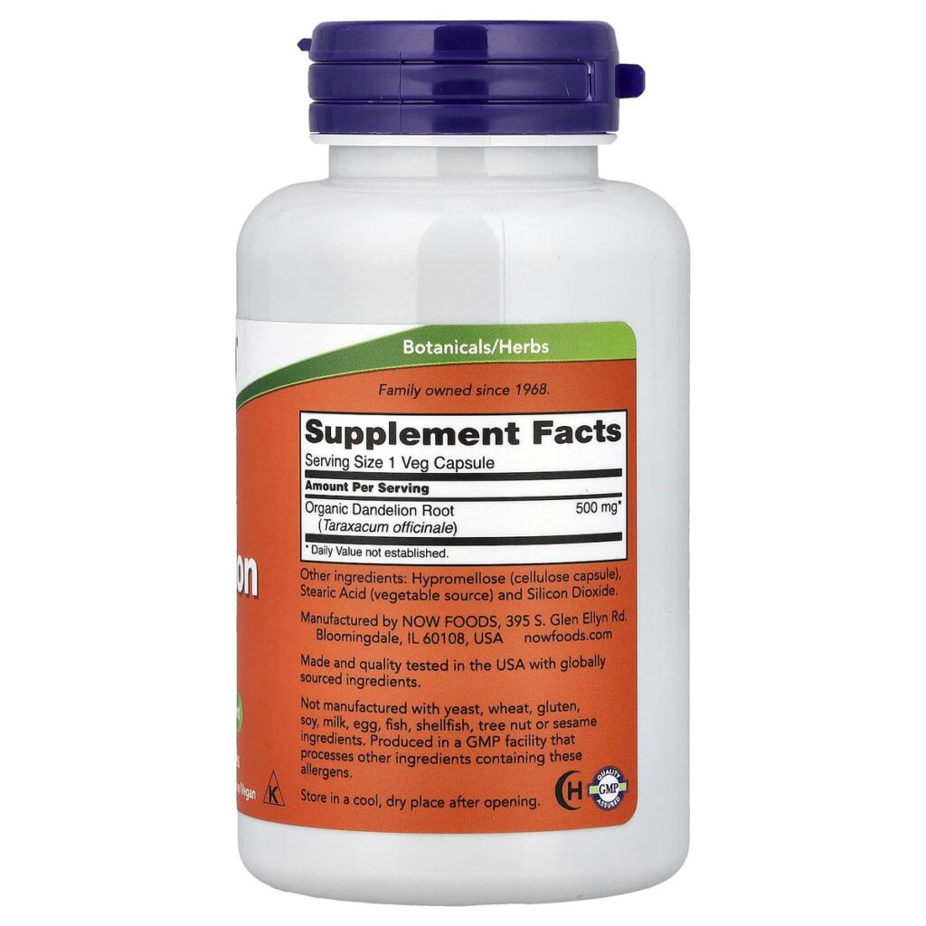 Dandelion Root Racine Pissenlit 500 mg Now Foods 100 Caps - Acheter dos etiquette composition Supplement Facts Paris Herba Barona