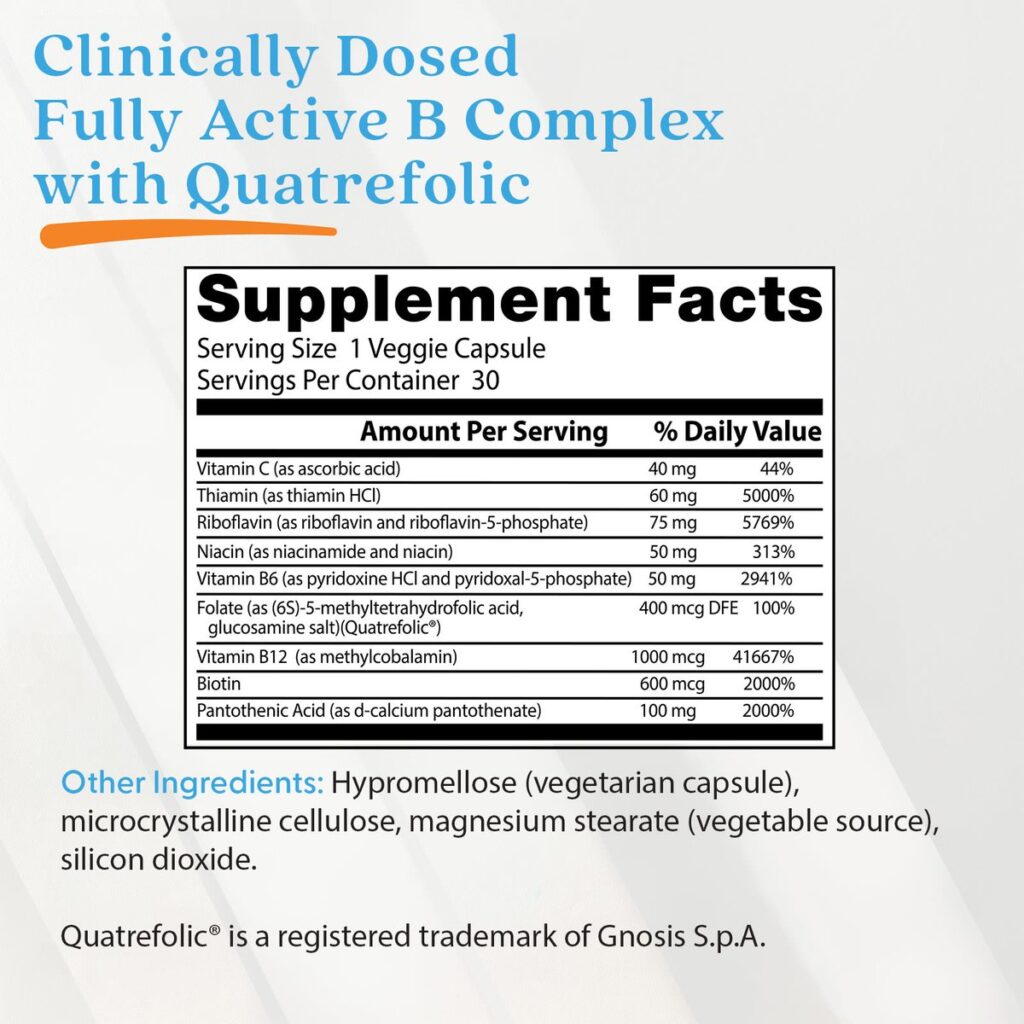 Fully Active B Complex Quatrefolic 30 Gélules Doctor's Best - Acheter dos etiquette composition Supplement Facts Paris Herba Barona