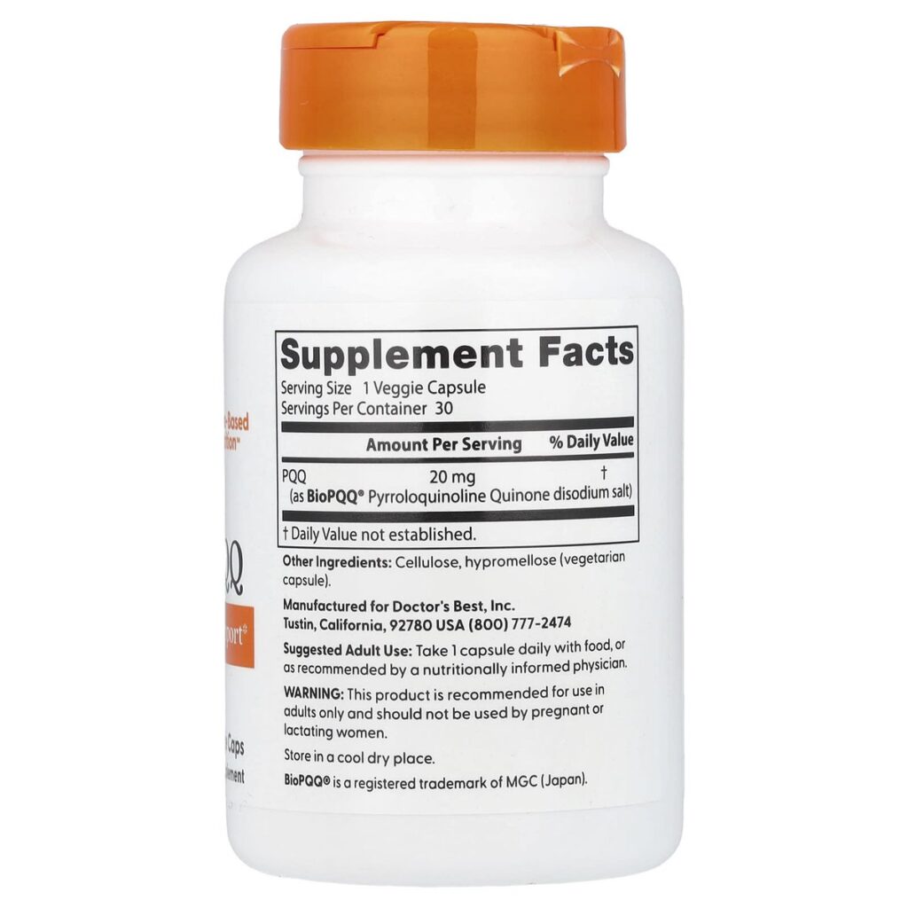 PQQ BioPQQ 20 mg – Doctor's Best – 30 gélules dos etiquette composition Supplement Facts Paris Herba Barona