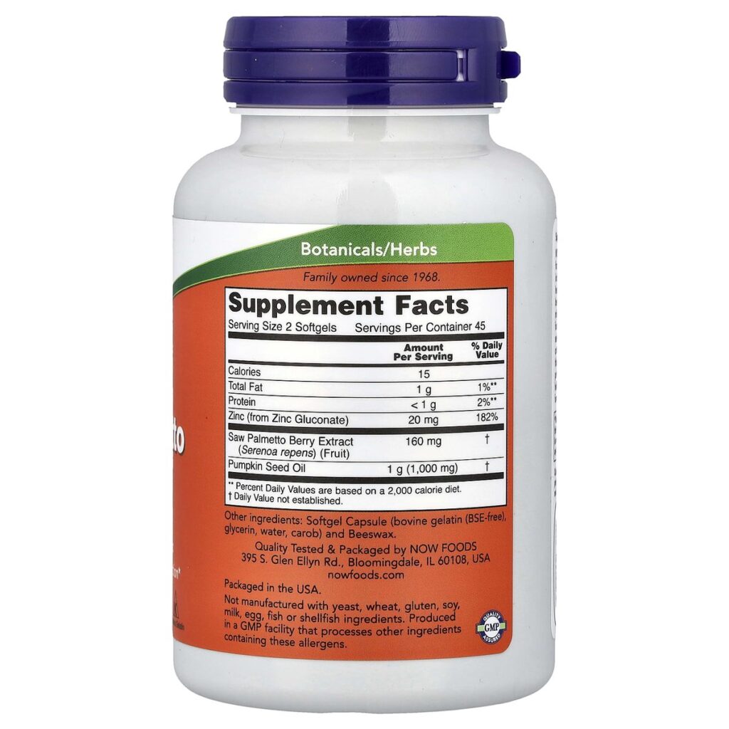 Saw Palmetto Extract 320mg Now Foods 90 Softgels - Palmier nain dos etiquette composition Supplement Facts Paris Herba Barona