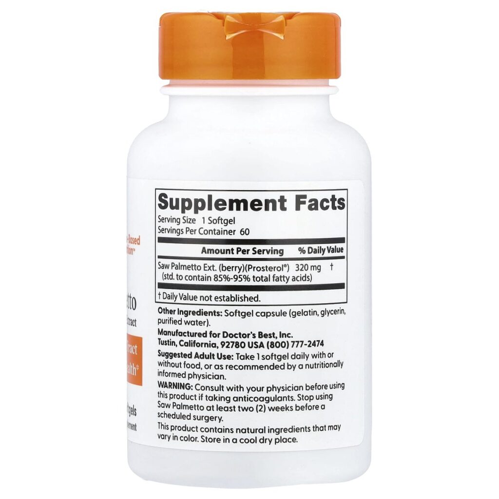 Saw Palmetto Prosterol 320 mg Doctor's Best 60 Softgels dos etiquette composition Supplement Facts Paris Herba Barona