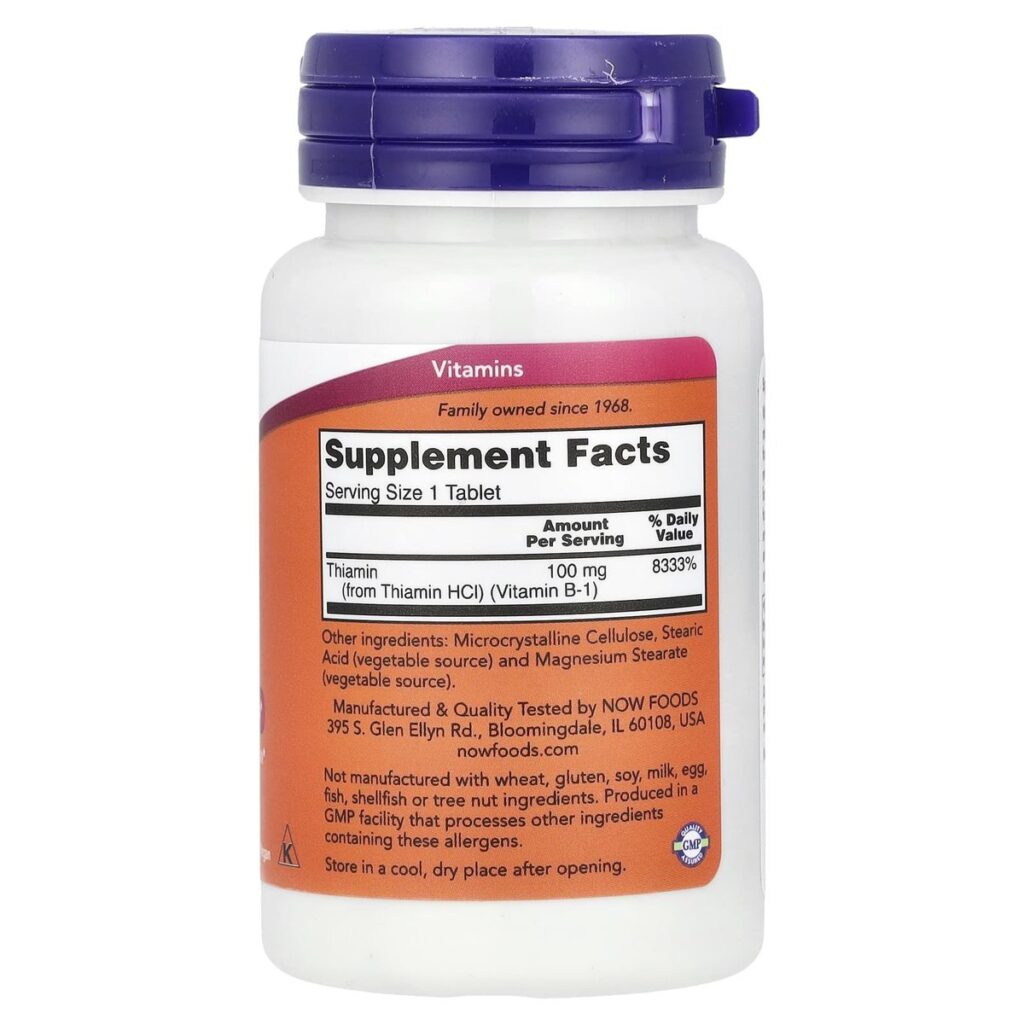 Vitamine B-1 Thiamine – Now Foods – 100mg – 100 Comprimés dos etiquette composition Supplement Facts Paris Herba Barona