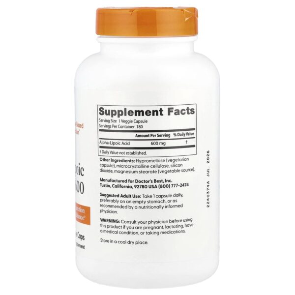 Acide alpha-lipoïque 600 mg 60 gélules Doctor's Best dos etiquette composition Supplement Facts Paris Herba Barona