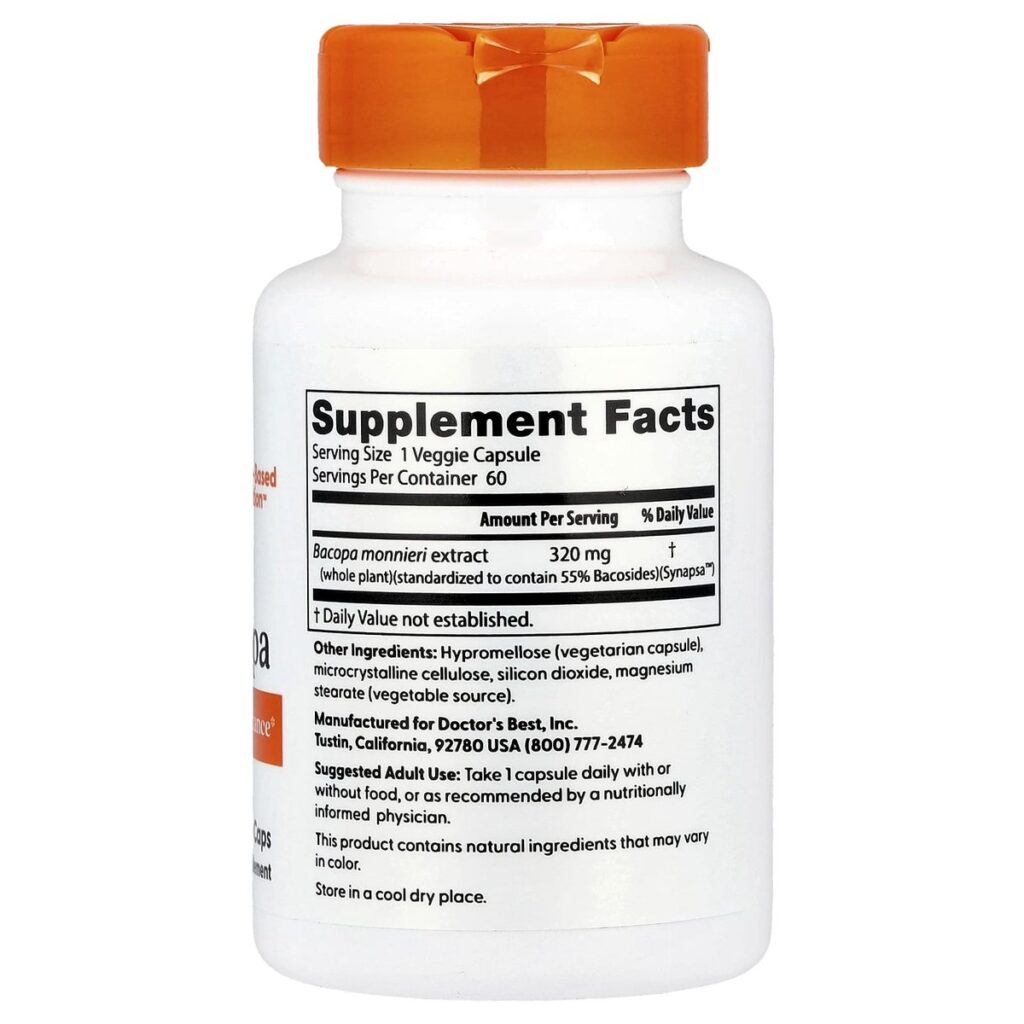 Bacopa Synapsa Doctor's Best 320 mg 60 gelules dos etiquette composition Supplement Facts Paris Herba Barona