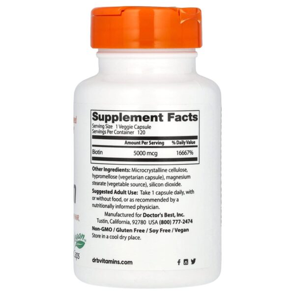 Biotine – 5000 mcg – 120 gélules – Doctor's best dos etiquette composition Supplement Facts Paris Herba Barona