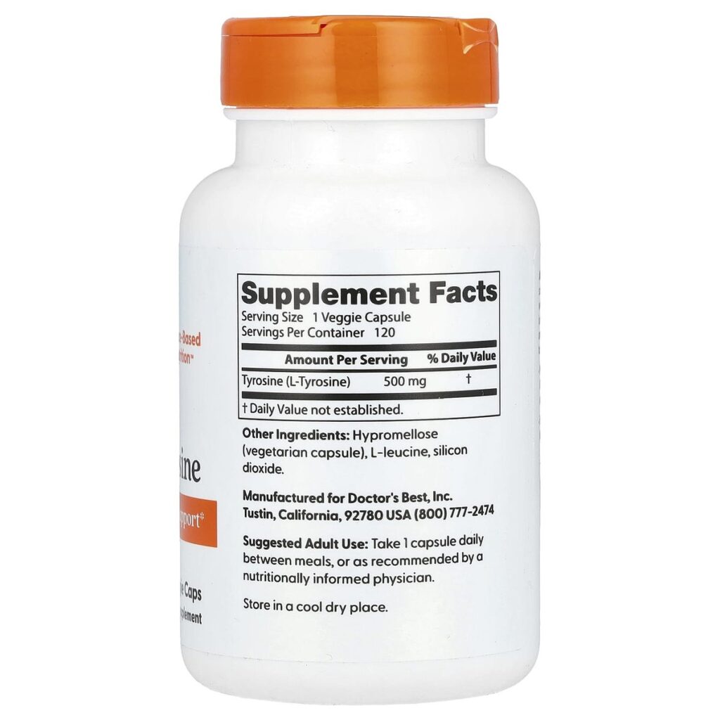 L-Tyrosine 500mg 120 gélules Doctor's Best - Acide amine dos etiquette composition Supplement Facts Paris Herba Barona