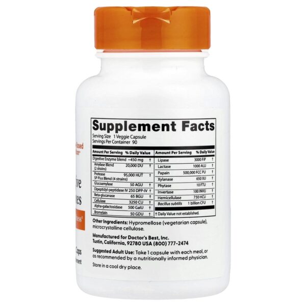 Digestive Enzymes – 90 gélules – Doctor's Best dos etiquette composition Supplement Facts Paris Herba Barona