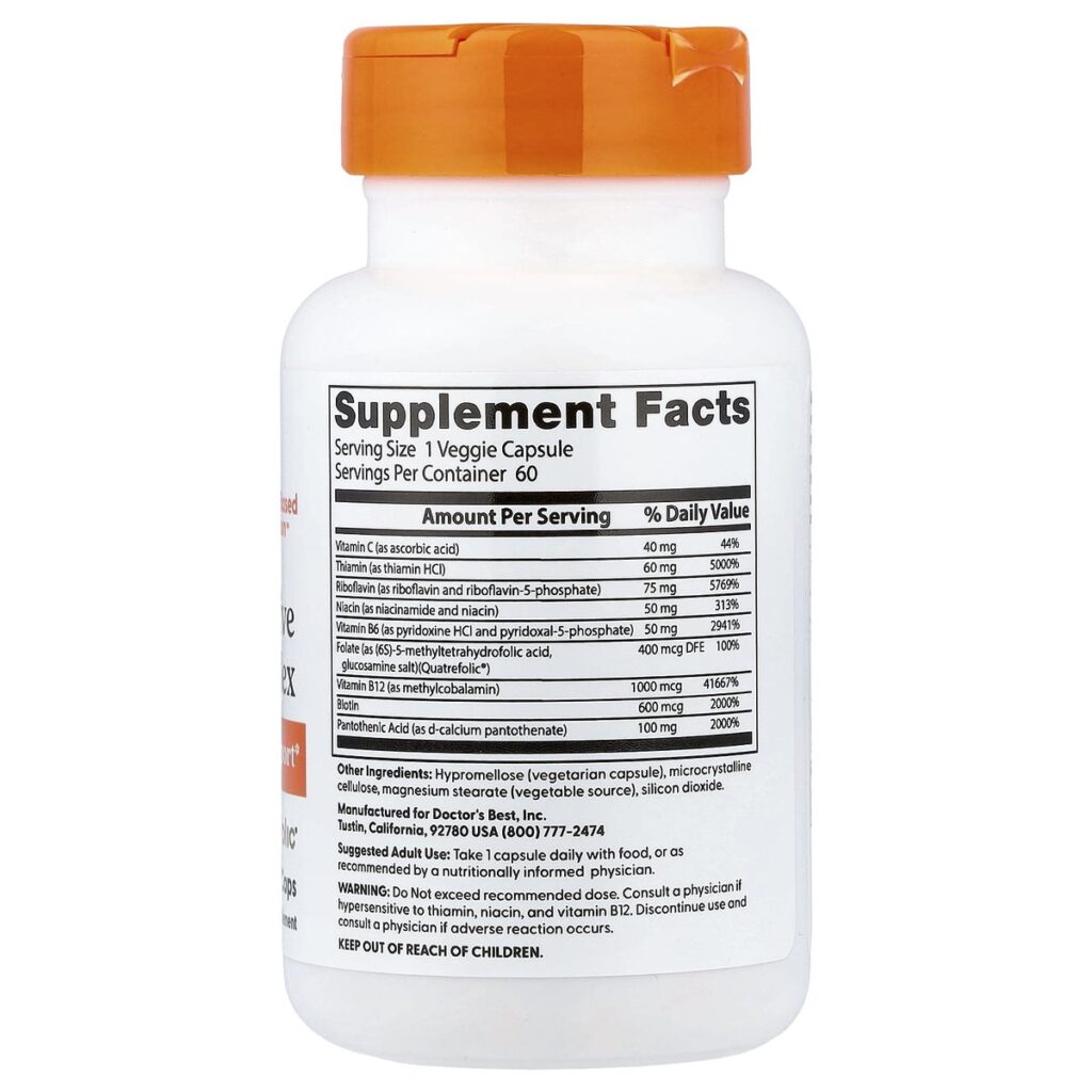 Fully Active B COMPLEX quatrefolic – 60 Gélules. – Doctor's Best dos etiquette composition Supplement Facts Paris Herba Barona