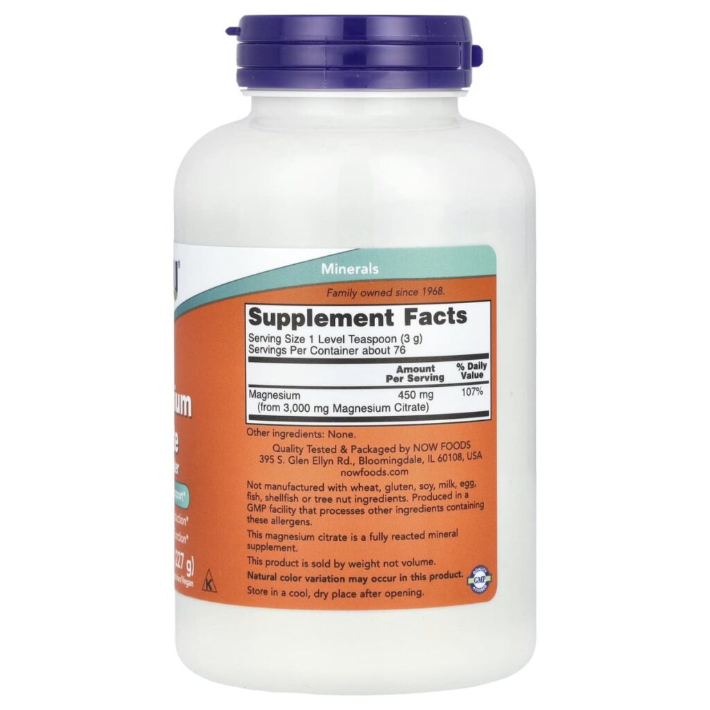 Citrate de Magnesium en Poudre Pure Now Foods 227g dos etiquette composition Supplement Facts Paris Herba Barona