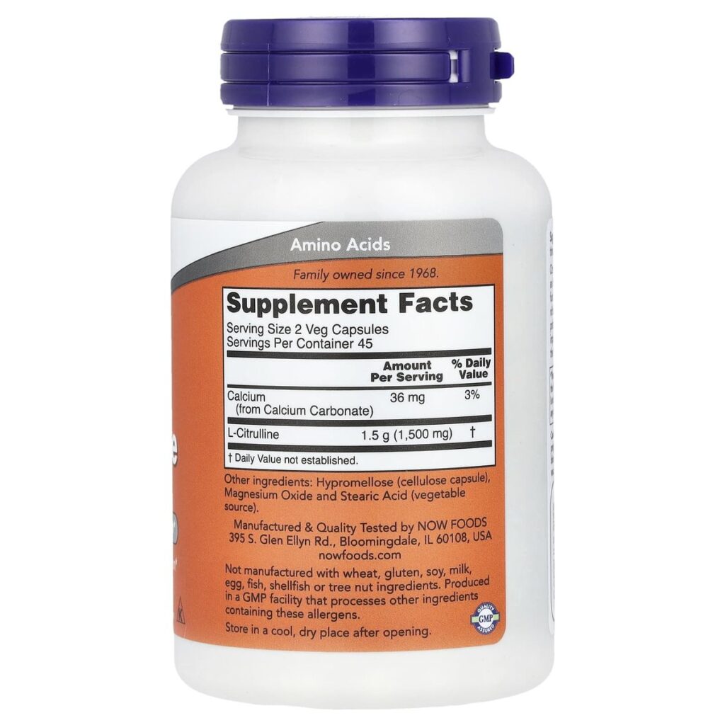 Citrulline 750mg – Now Foods – 90 gélules dos etiquette composition Supplement Facts Paris Herba Barona