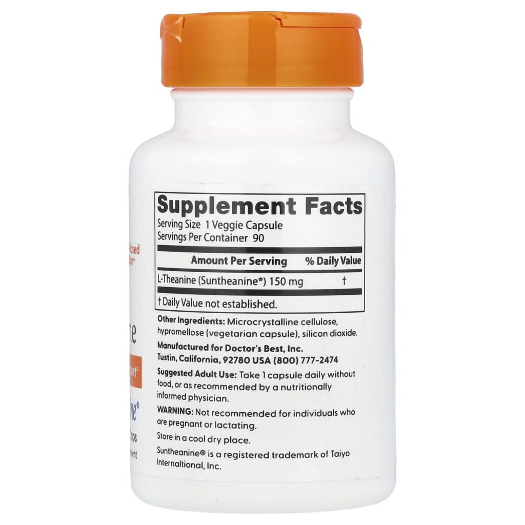 L-théanine avec Suntheanine – 150 mg – 90 gélules végétales – Doctor's Best dos etiquette composition Supplement Facts Paris Herba Barona
