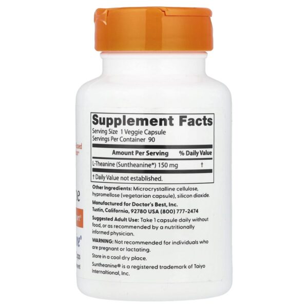 L-théanine avec Suntheanine – 150 mg – 90 gélules végétales – Doctor's Best dos etiquette composition Supplement Facts Paris Herba Barona