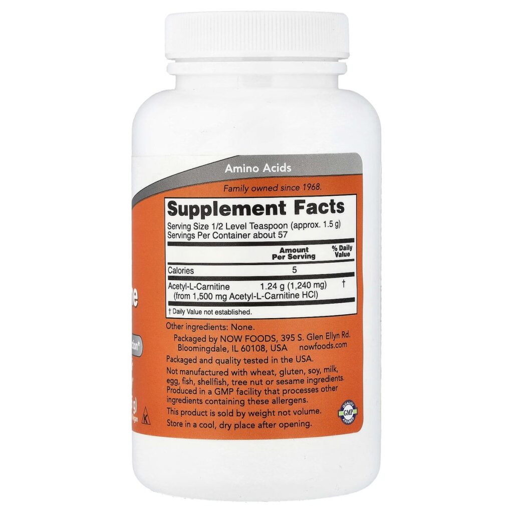 Acetyl-L-Carnitine Poudre Pure – 85g – Now Foods dos etiquette composition Supplement Facts Paris Herba Barona