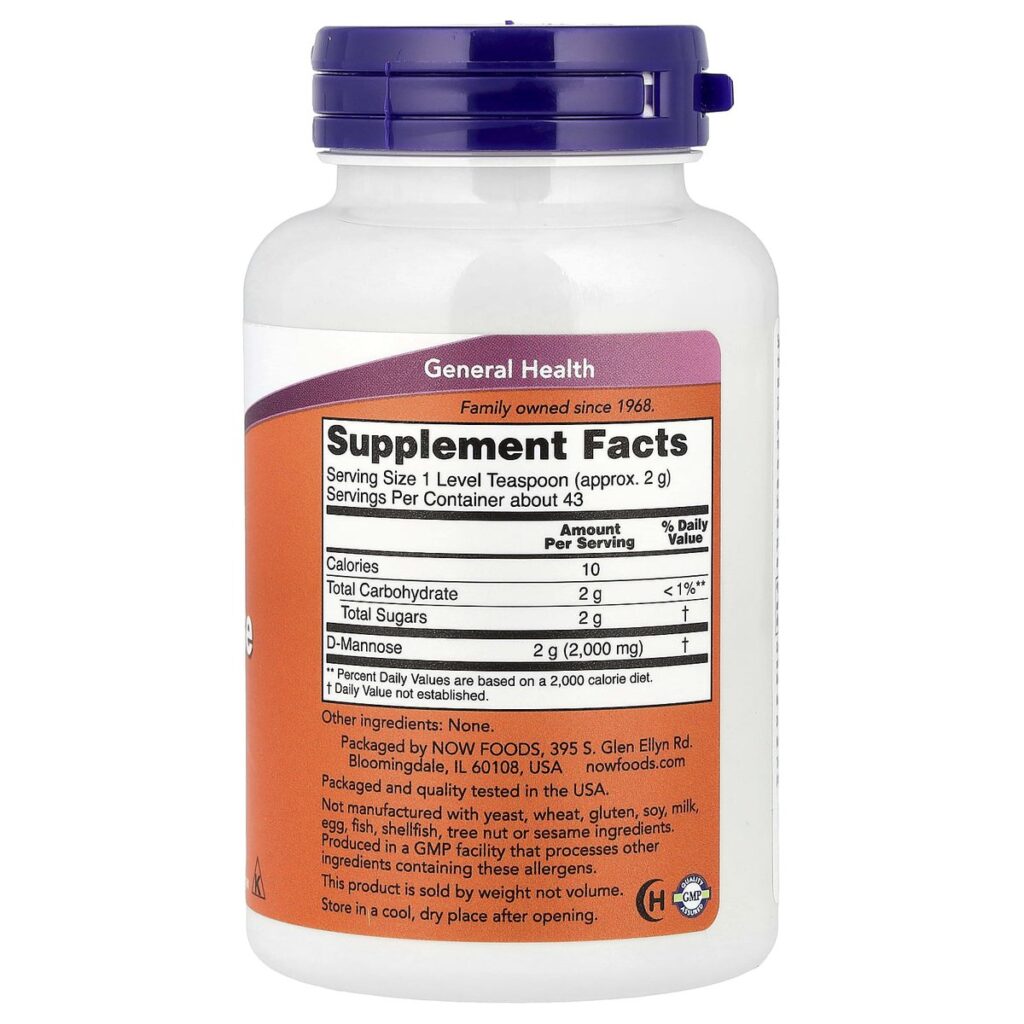 D-Mannose Pure Powder Organic – NOW Foods – 85 g dos etiquette composition Supplement Facts Paris Herba Barona