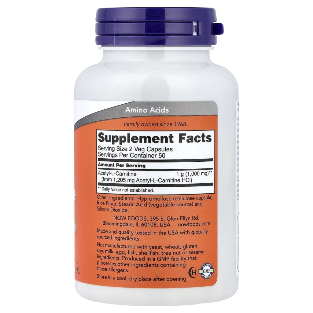 Acétyl-L-Carnitine 500 mg – NOW Foods – 100 gélules végétales dos etiquette composition Supplement Facts Paris Herba Barona