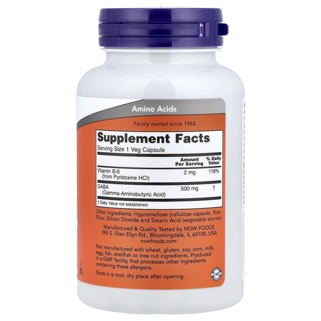 NOW Foods GABA 500mg + Vitamine B-6 – 100 gélules végétales dos etiquette composition Supplement Facts Paris Herba Barona