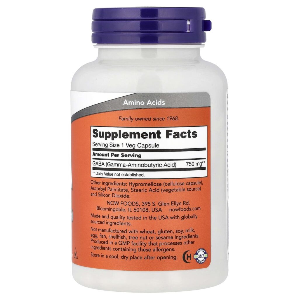 GABA 750 mg – NOW Foods – 100 gélules végétales dos etiquette composition Supplement Facts Paris Herba Barona