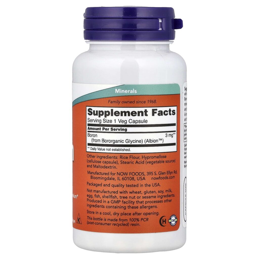 Bore 3 mg – NOW Foods – 250 gélules végétales dos etiquette composition Supplement Facts Paris Herba Barona