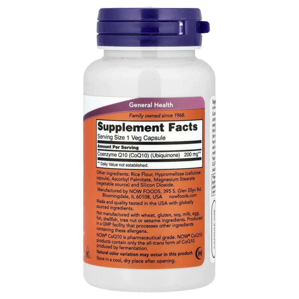 CoQ10 200mg NOW Foods 60 gélules végétales - Coenzyme Q10 dos etiquette composition Supplement Facts Paris Herba Barona