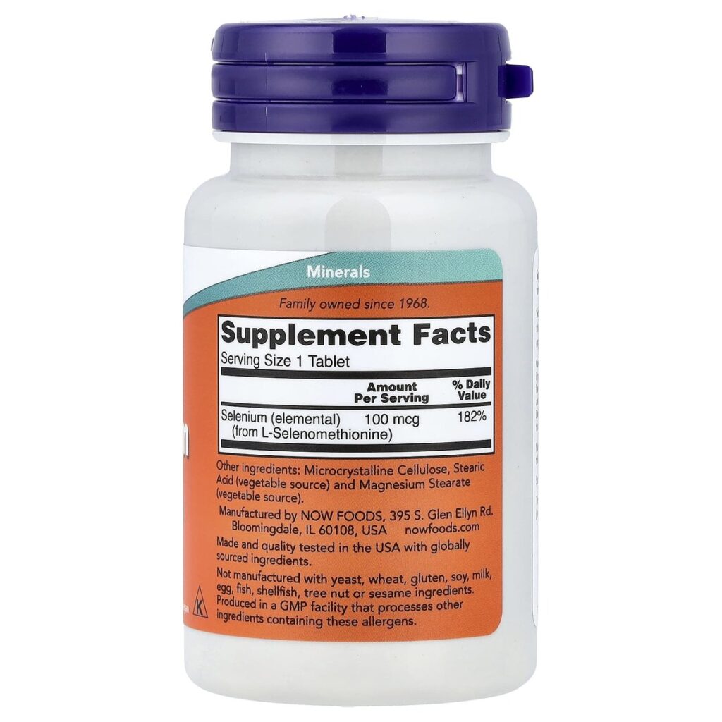 Sélénium 100 µg – NOW Foods – 100 comprimés dos etiquette composition Supplement Facts Paris Herba Barona
