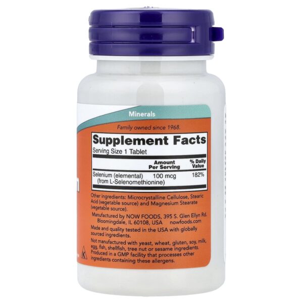 Sélénium 100 µg – NOW Foods – 100 comprimés dos etiquette composition Supplement Facts Paris Herba Barona