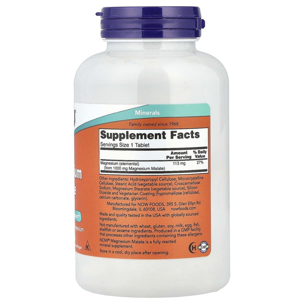 Malate de Magnésium 1000 mg – Now Foods – 180 comprimés dos etiquette composition Supplement Facts Paris Herba Barona