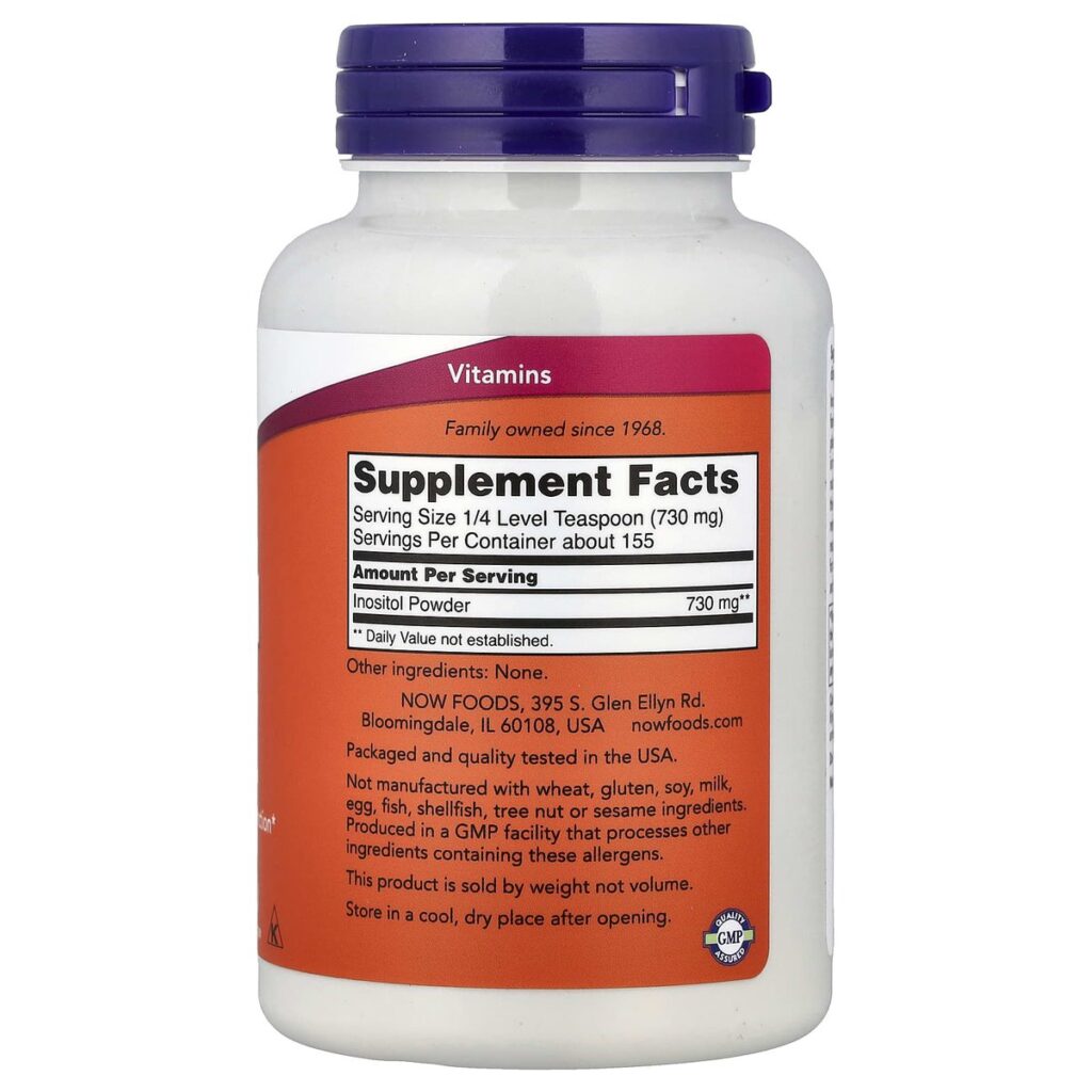 Inositol Pure Poudre Now Foods 113 g - Vitamine B8 micronisée dos etiquette composition Supplement Facts Paris Herba Barona
