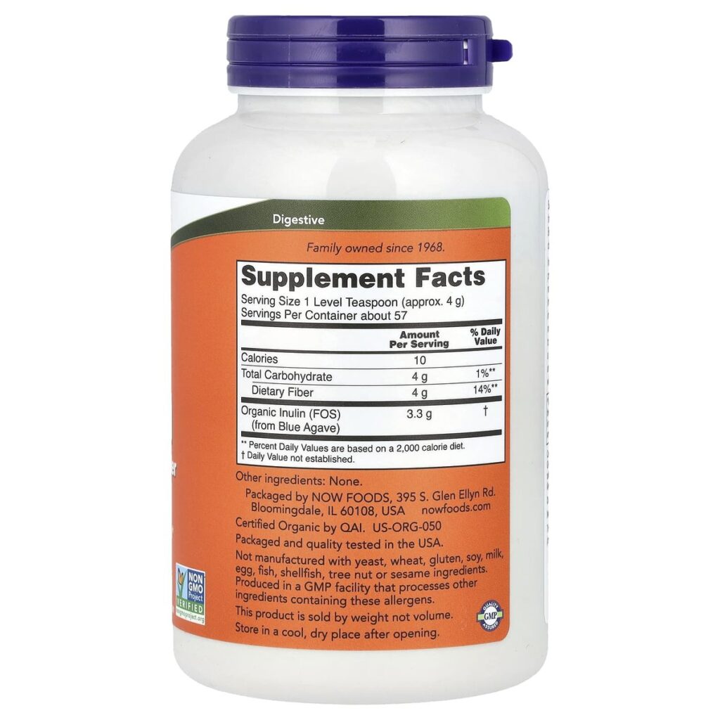 Inulin Pure Poudre bio Now Foods 227g - Prebiotique dos etiquette composition Supplement Facts Paris Herba Barona