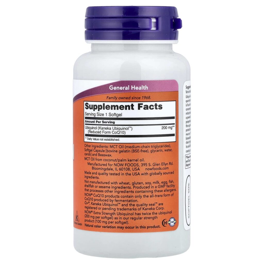Ubiquinol Kaneka 200 mg – Now Foods – 60 softgels dos etiquette composition Supplement Facts Paris Herba Barona