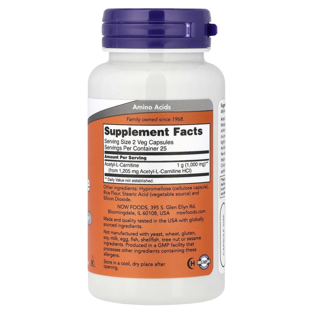 Acétyl-L-Carnitine 500 mg – NOW Foods – 50 gélules végétales dos etiquette composition Supplement Facts Paris Herba Barona