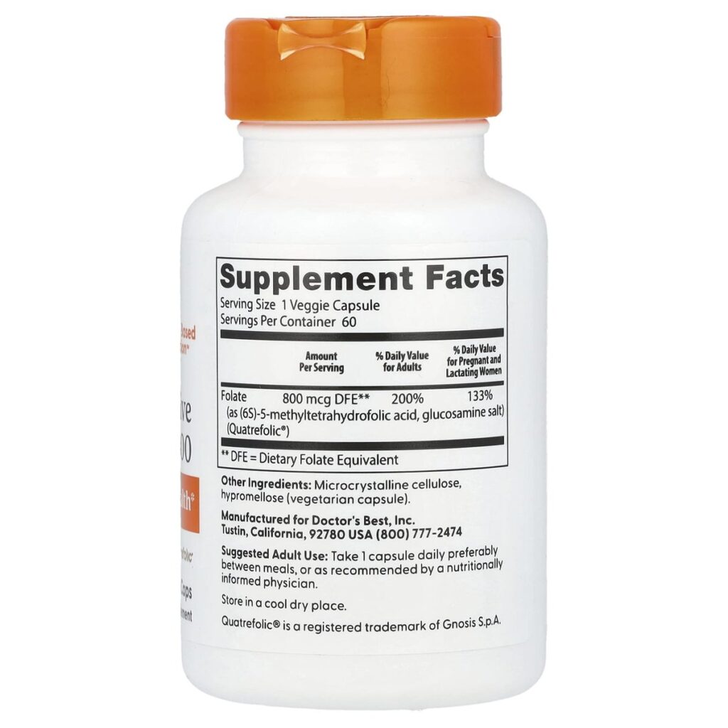 Fully Active Folate 800 mcg – Doctor's Best – 60 gélules dos etiquette composition Supplement Facts Paris Herba Barona