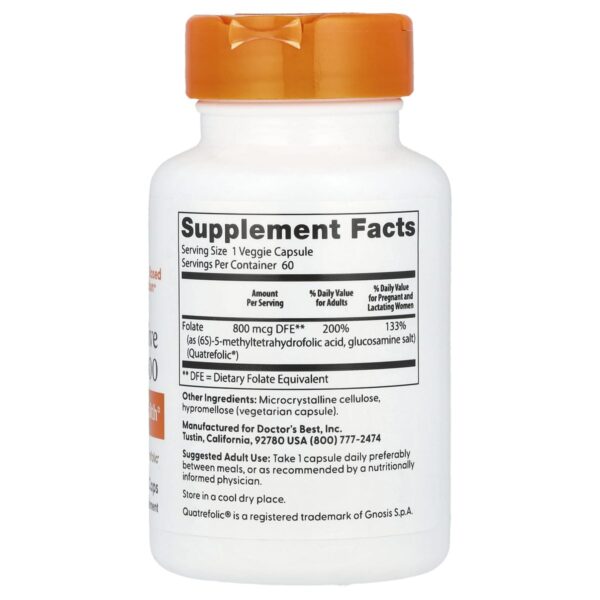 Fully Active Folate 800 mcg – Doctor's Best – 60 gélules dos etiquette composition Supplement Facts Paris Herba Barona