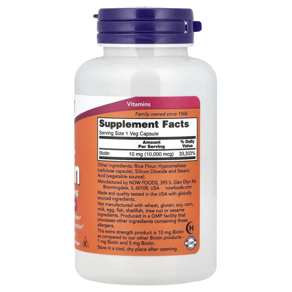 Biotine – 10 000 mcg (10 mg) – Now Foods – 120 gélules dos etiquette composition Supplement Facts Paris Herba Barona