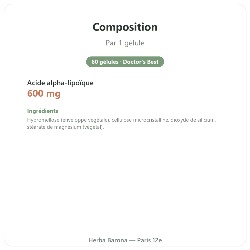 Acide alpha-lipoïque 600 mg 60 gélules Doctor's Best composition valeurs nutritionnelles Paris Herba Barona