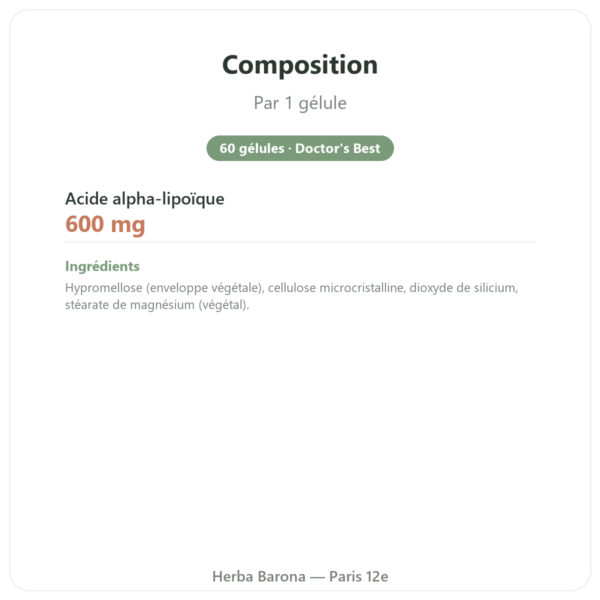 Acide alpha-lipoïque 600 mg 60 gélules Doctor's Best composition valeurs nutritionnelles Paris Herba Barona