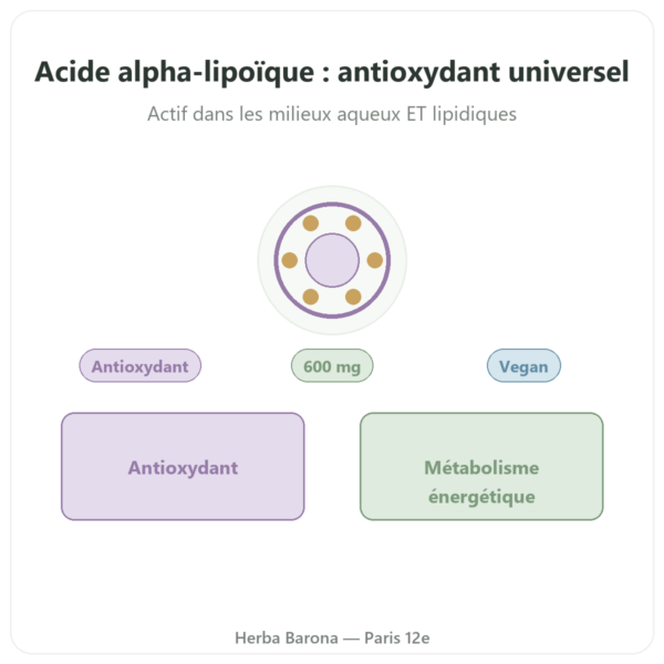 Acide alpha-lipoïque 600 mg 60 gélules Doctor's Best presentation Paris Herba Barona