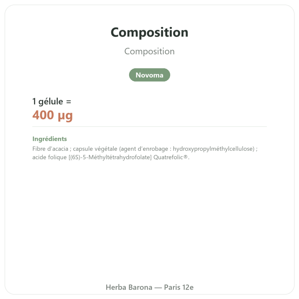 Acide Folique vitamine B9 – Novoma composition valeurs nutritionnelles Paris Herba Barona