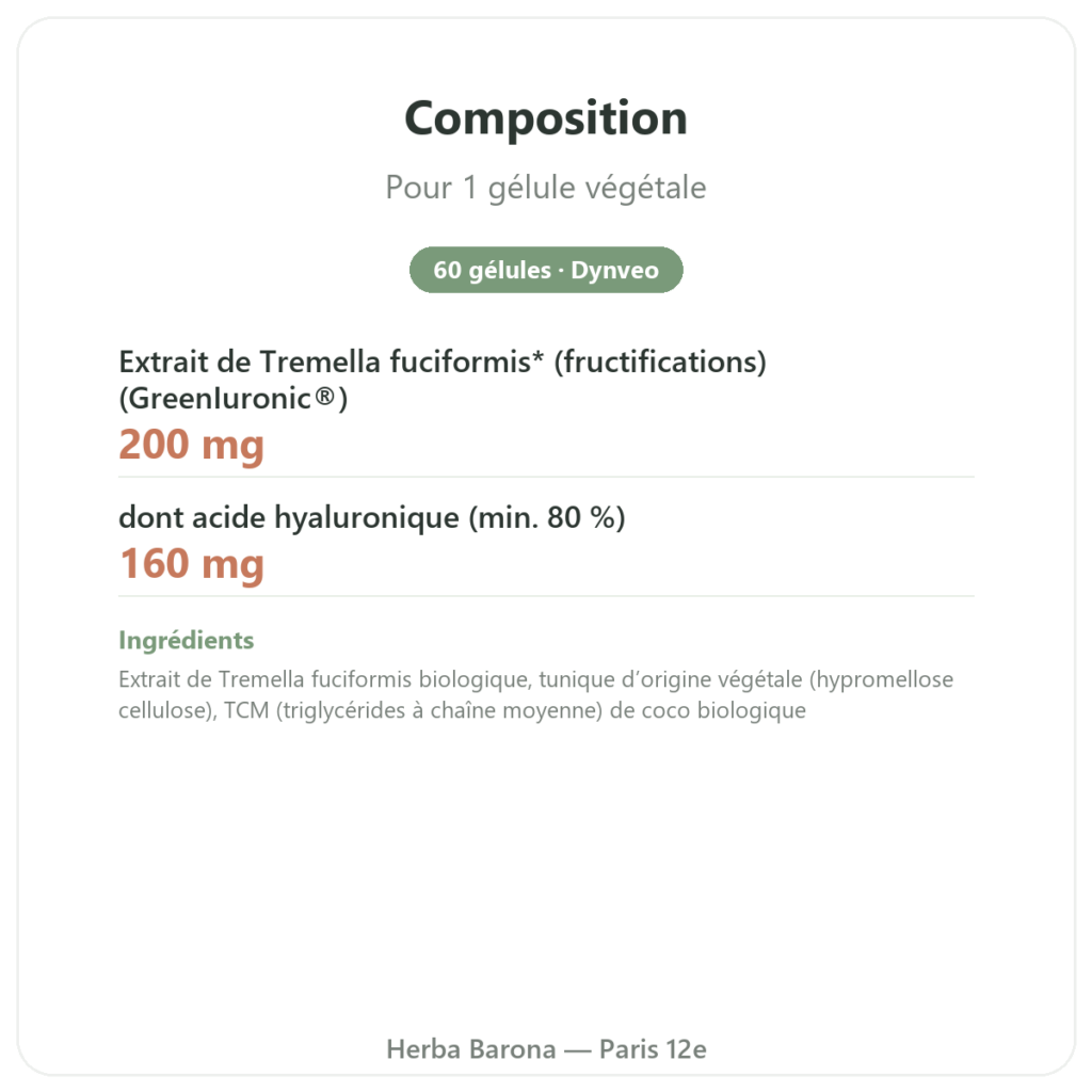 Acide Hyaluronique bio Dynveo 60 gélules composition valeurs nutritionnelles Paris Herba Barona
