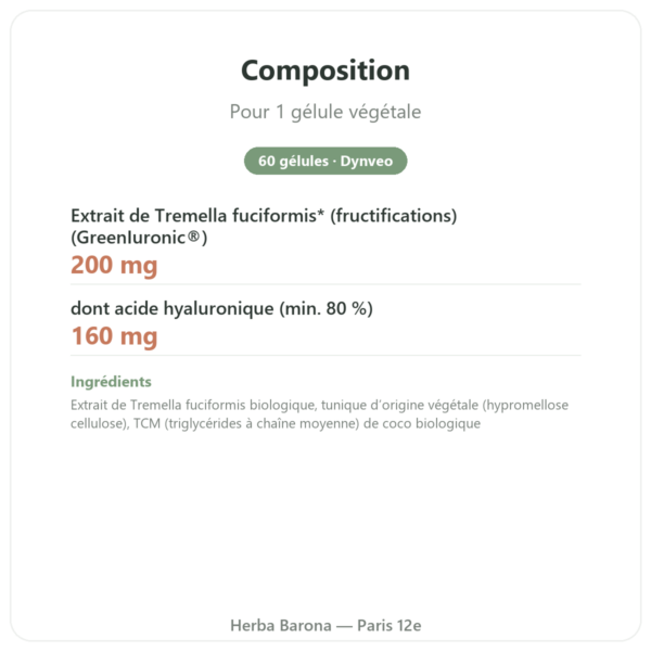 Acide Hyaluronique bio Dynveo 60 gélules composition valeurs nutritionnelles Paris Herba Barona