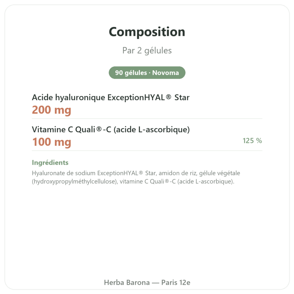 Acide Hyaluronique – Novoma – 90 gélules composition valeurs nutritionnelles Paris Herba Barona
