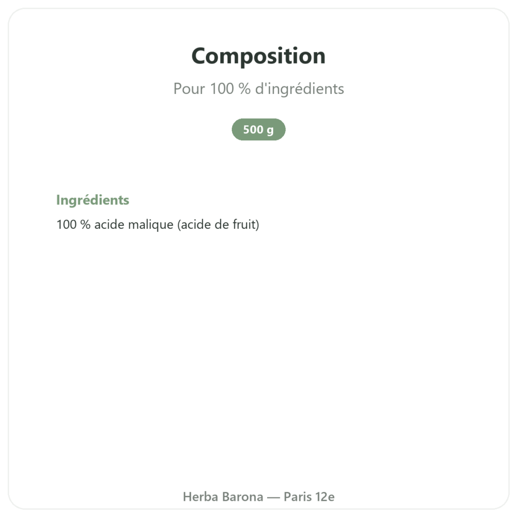 Acide malique poudre 500 g Nature et Partage composition valeurs nutritionnelles Paris Herba Barona