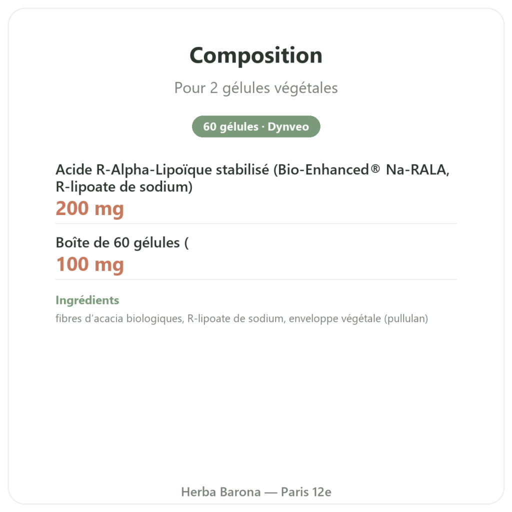 Acide R-alpha-lipoique 100 mg – DYNVEO – 60 gélules composition valeurs nutritionnelles Paris Herba Barona