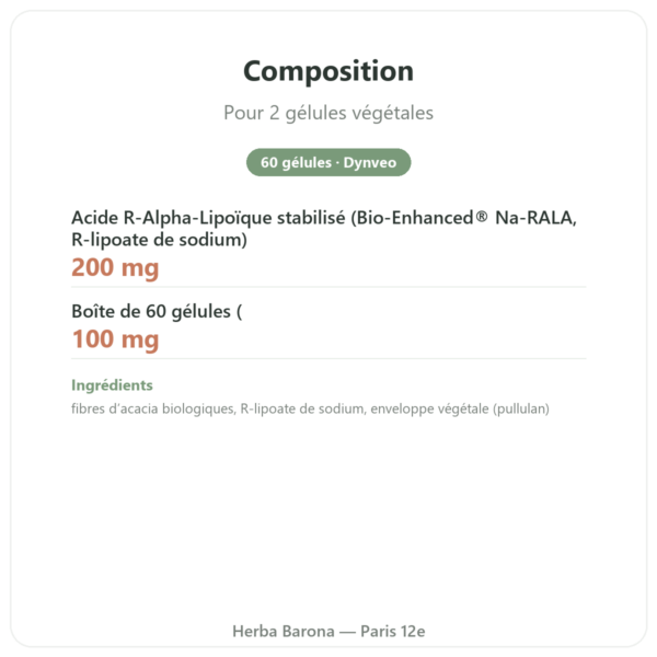 Acide R-alpha-lipoique 100 mg – DYNVEO – 60 gélules composition valeurs nutritionnelles Paris Herba Barona